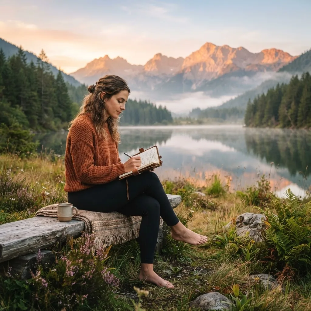 A serene scene of a person sitting peacefully outdoors at sunrise, journaling or reflecting, surrounded by nature, capturing introspection