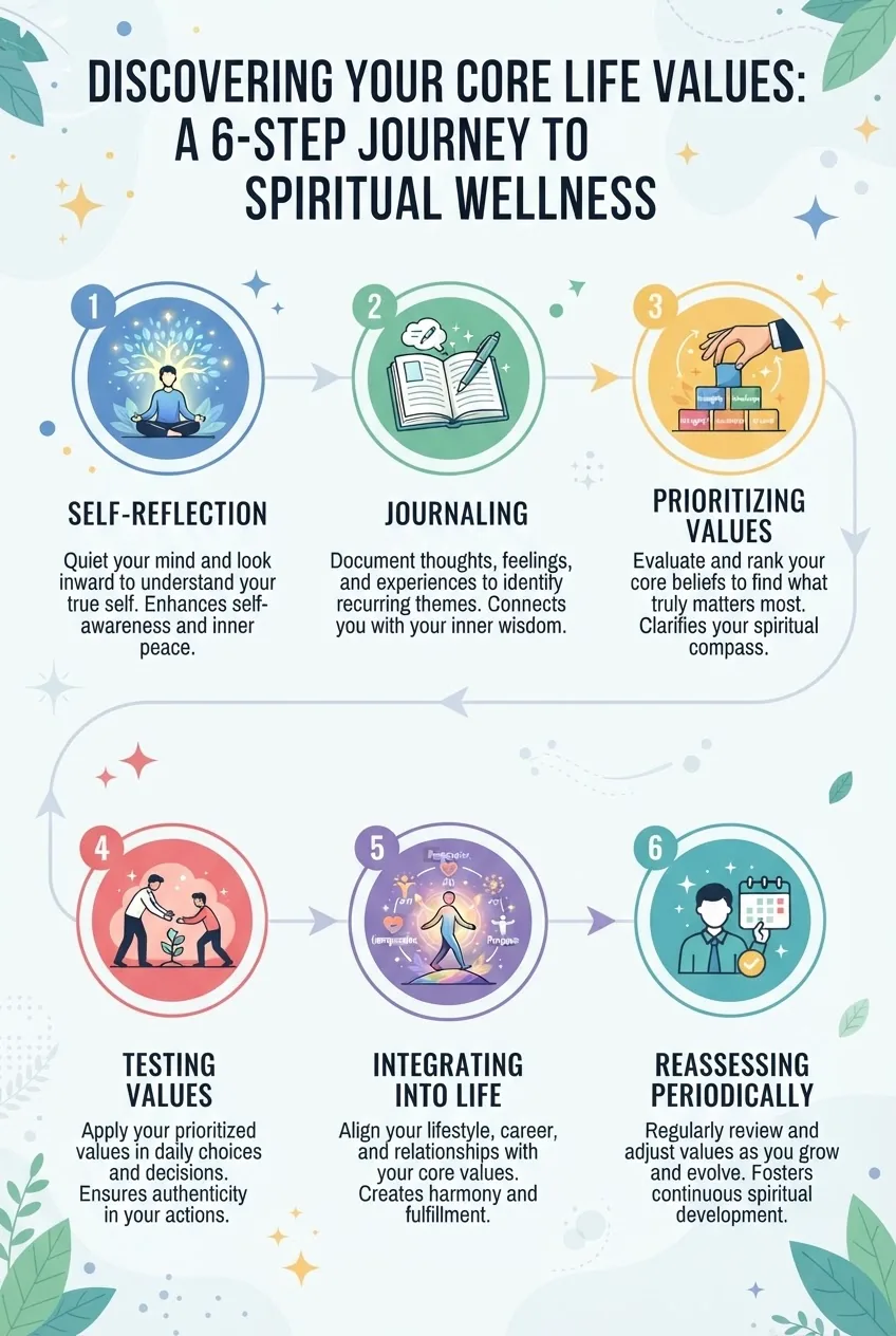 A clean infographic displaying six sequential steps to discovering core life values, each with a simple icon: self-reflection, journaling,