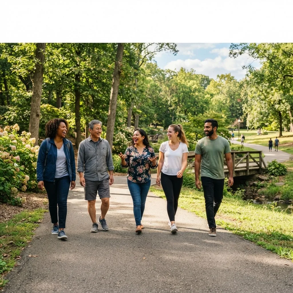 A bright photo of a diverse small group walking outdoors in a park, smiling and interacting naturally, capturing social connection and
