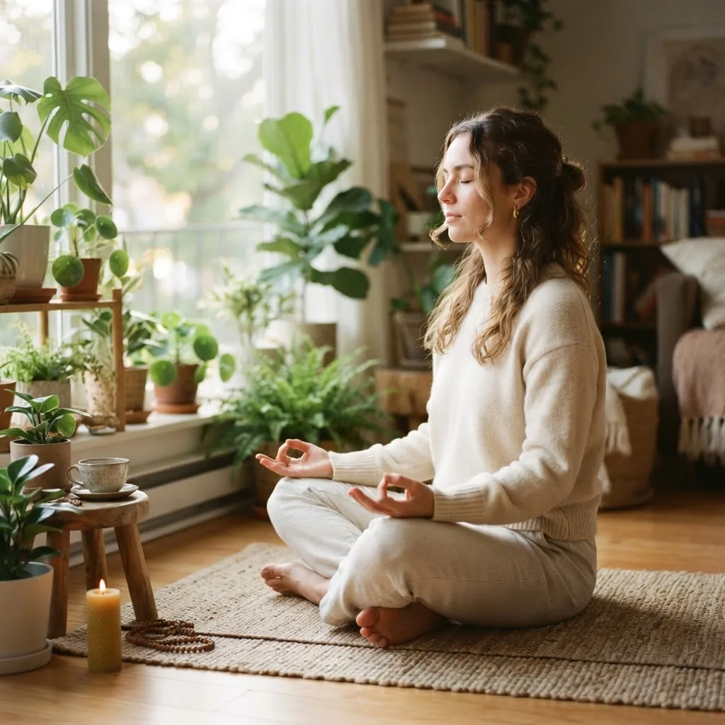 A calm indoor scene showing a young adult thoughtfully practicing mindfulness meditation in natural morning light near a window with