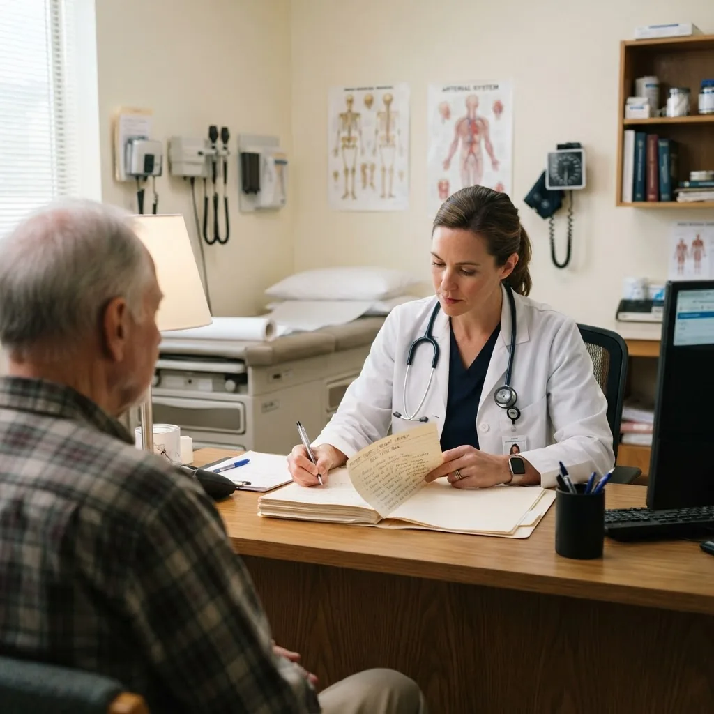 A clinical medical office setting with a doctor reviewing a patient chart, medical instruments visible, clean bright lighting, emphasizing
