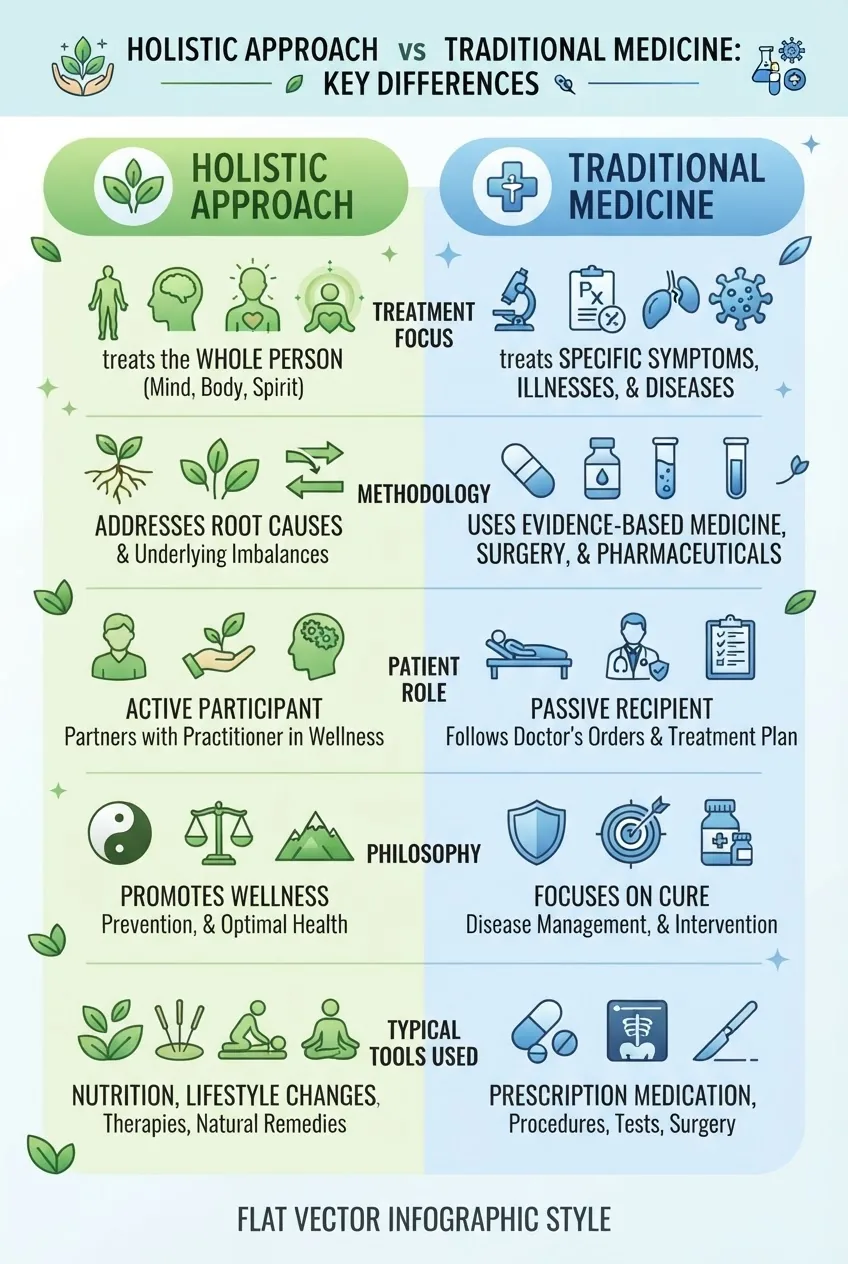 A two-column comparison infographic outlining key differences: treatment focus, methodology, patient role, philosophy, typical tools used,