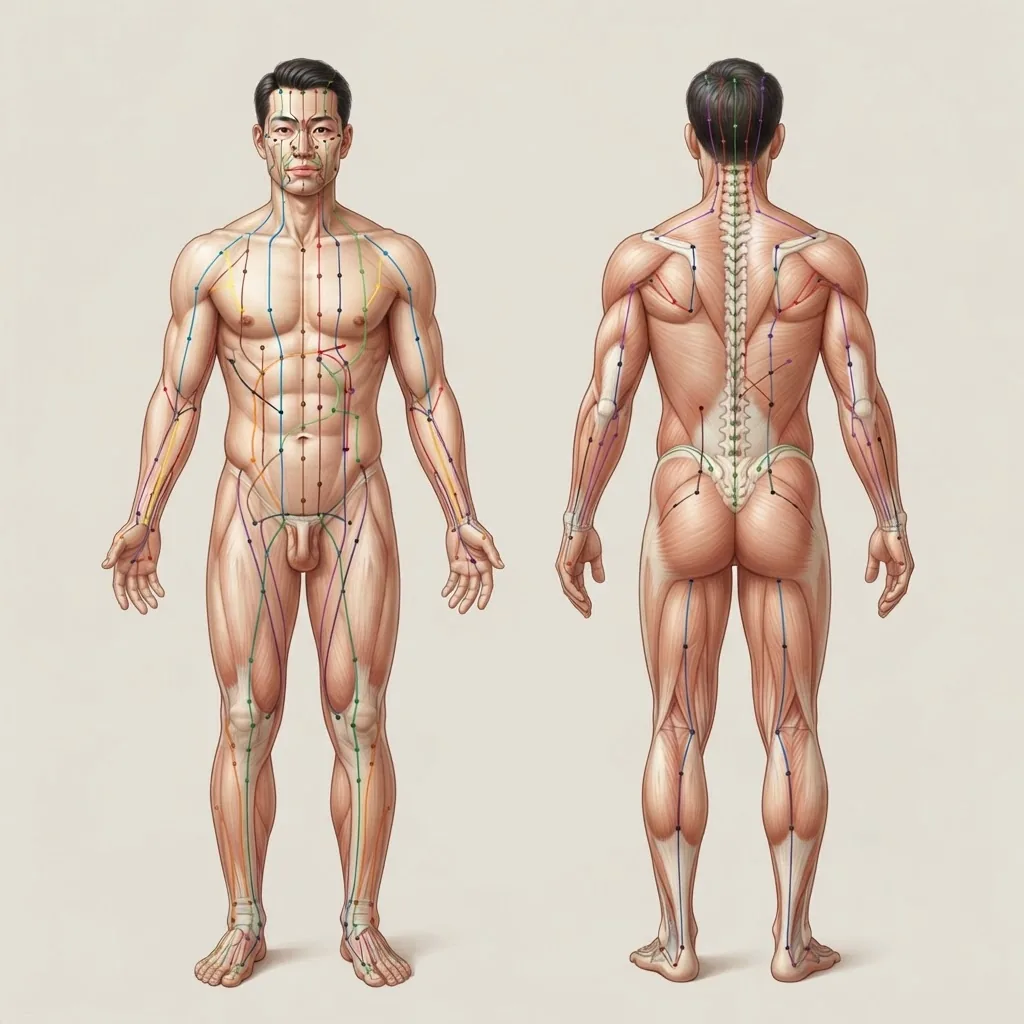 High-resolution, clear anatomical illustration of human body front and back showing all 12 acupuncture meridians as colored lines, on a