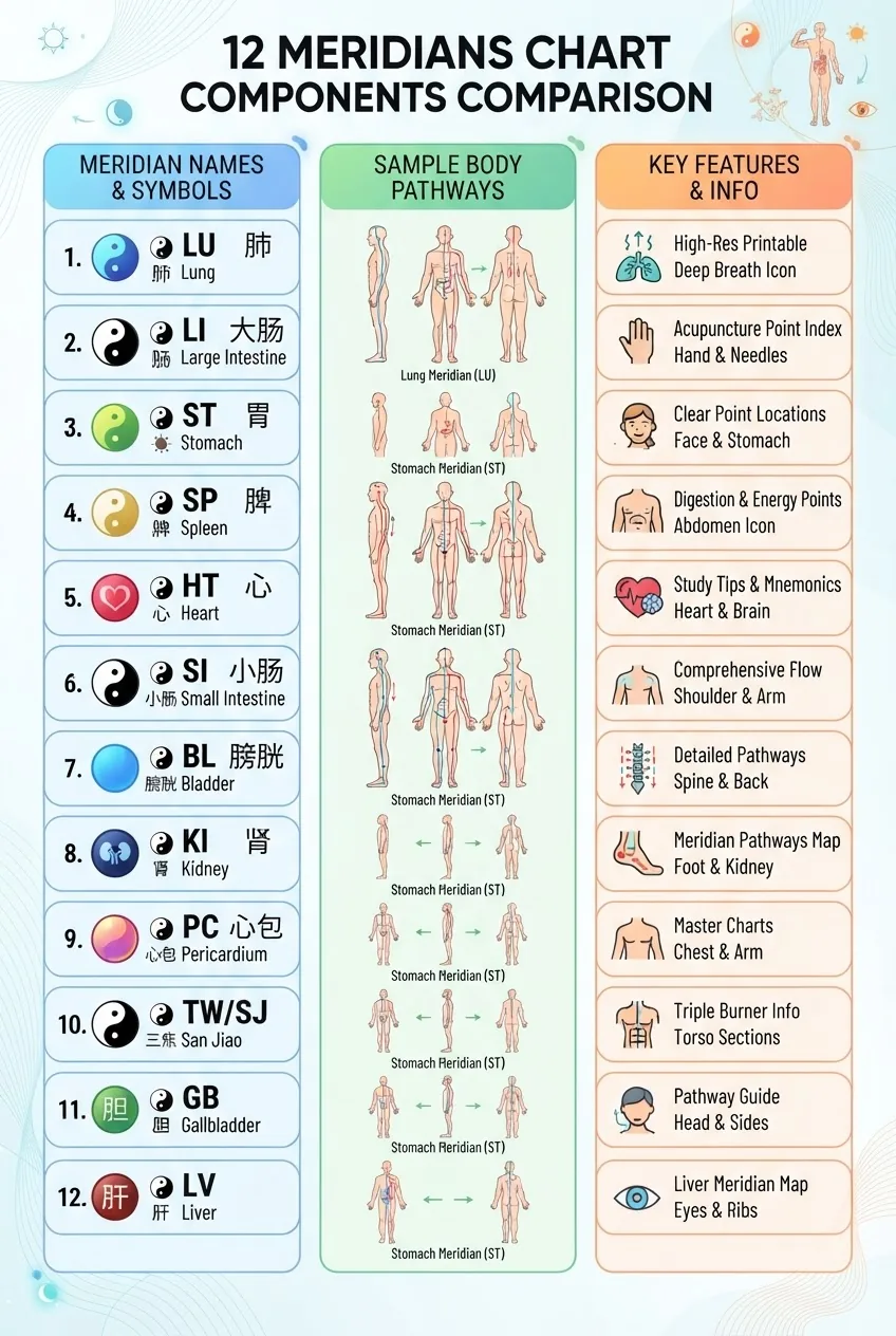 A clean, three-column infographic comparing the 12 meridians chart components: Column 1 with meridian names and symbols, Column 2 showing