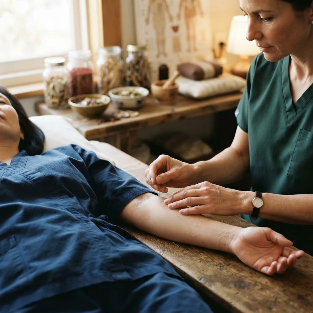 hands performing acupuncture on a patient, with traditional herbs and diagnostic tools in soft focus in the background, natural warm
