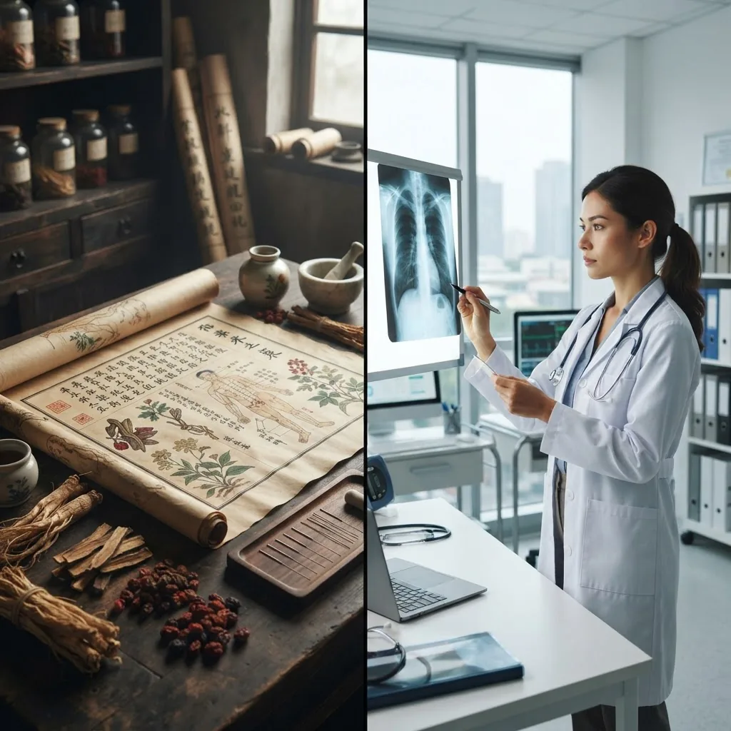 two halves: on left, an ancient Asian medicine scroll with herbal plants and acupuncture needles; on right, a modern western doctor