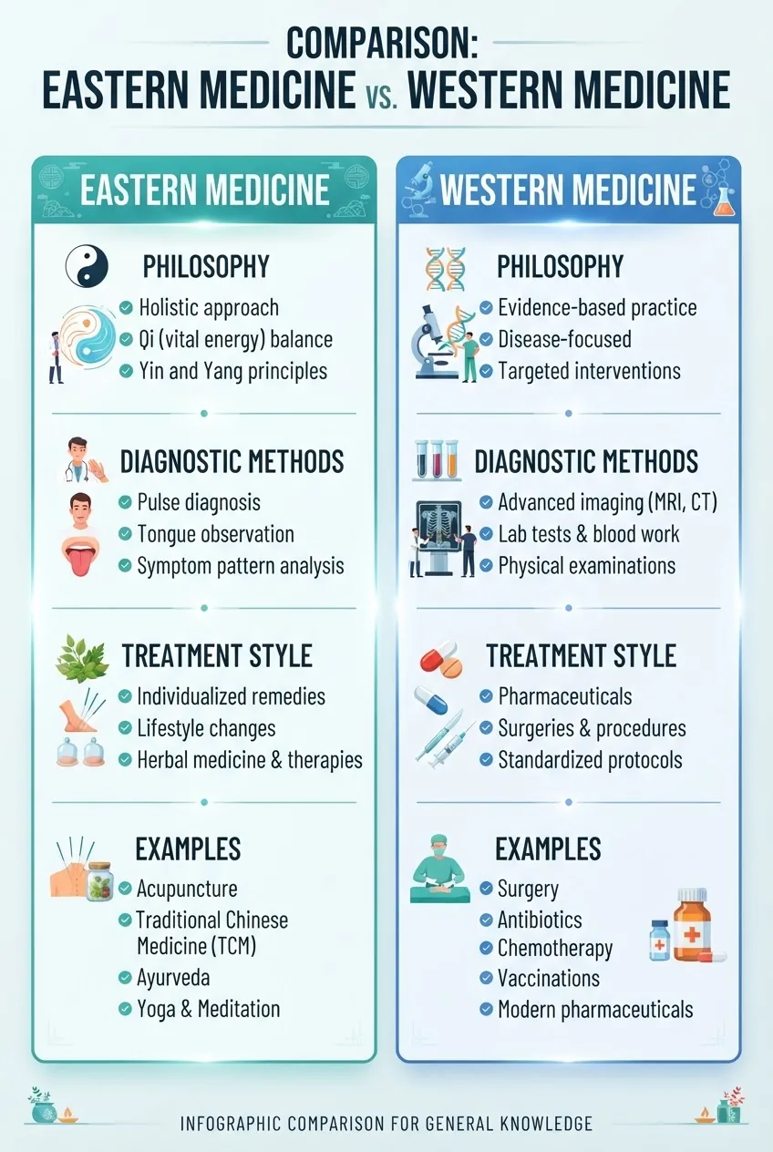 with two columns comparing eastern and western medicine: left titled "Eastern Medicine" showing philosophy, diagnostic methods, treatment