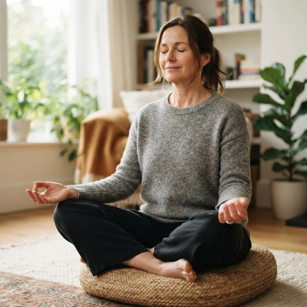 a close-up of a calm person sitting cross-legged in a peaceful indoor setting, eyes closed, hands resting on knees, soft daylight