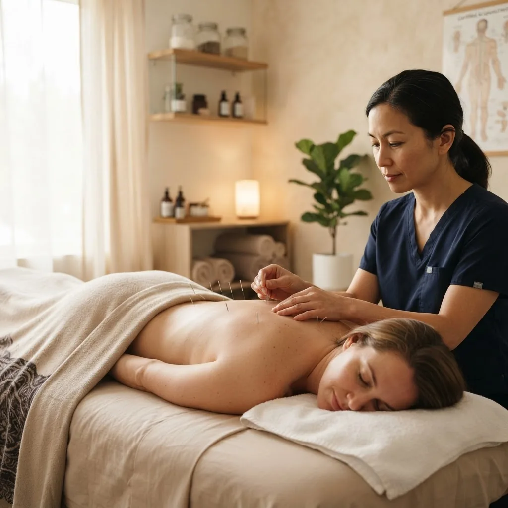 a serene therapy room scene showing a patient receiving gentle acupuncture from a certified practitioner, warm natural lighting, soft focus