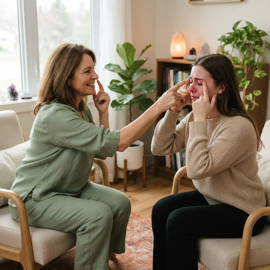 warm, inviting therapy session scene with an emotional energy healer guiding a client through EFT tapping on the face and hands,