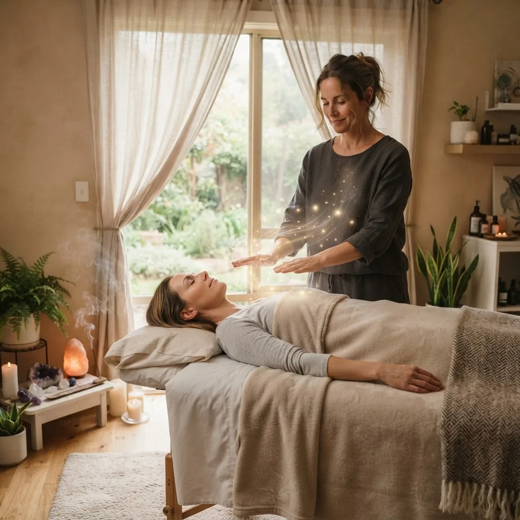 serene, softly lit wellness room showing a holistic healer performing Reiki on a relaxed adult client lying on a massage table, emphasizing