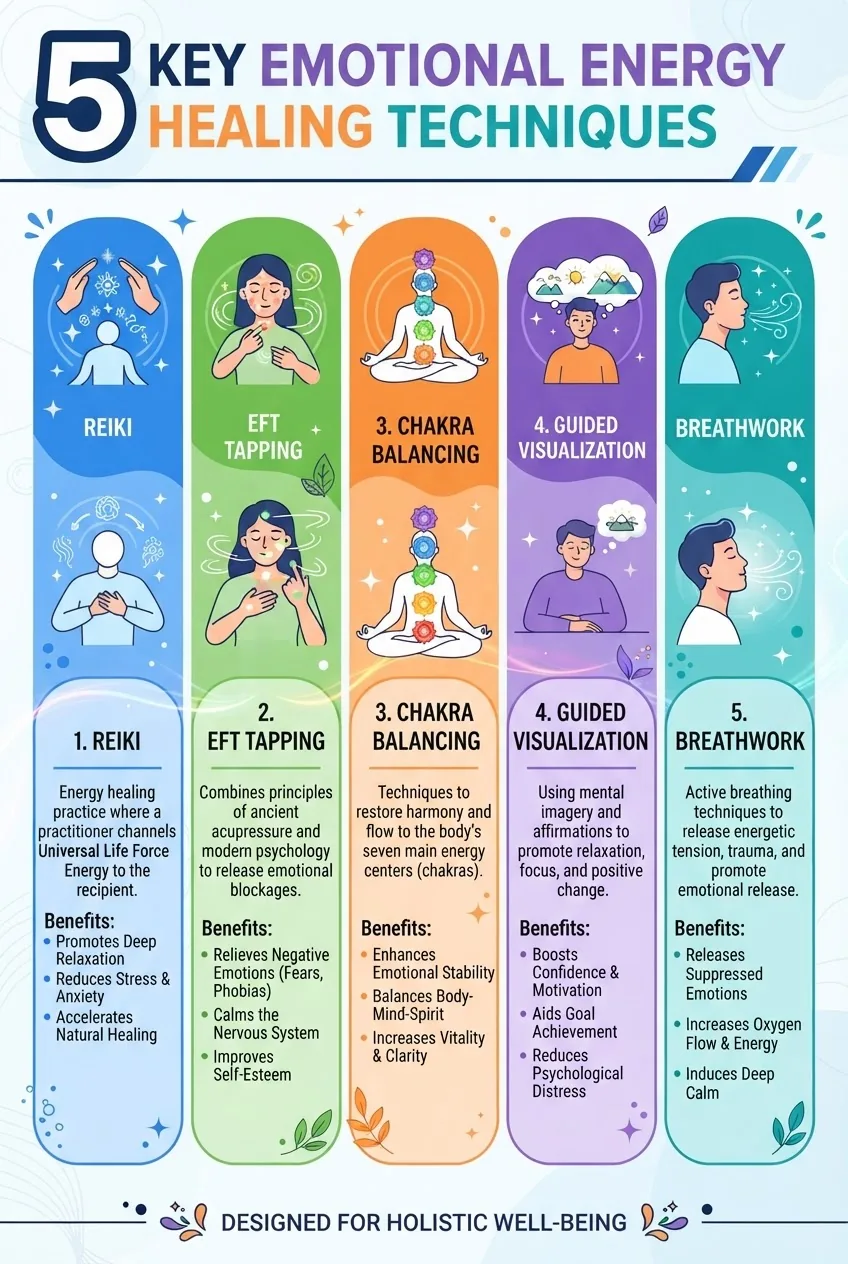 outlines 5 key emotional energy healing techniques: Reiki, EFT tapping, chakra balancing, guided visualization, and breathwork; each