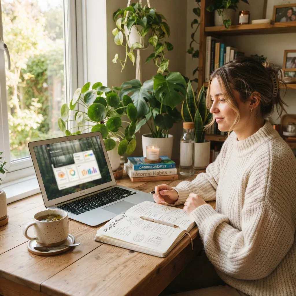 cozy, inviting home office or wellness corner featuring a laptop with mental health apps visible on screen (blurred interface), a journal,