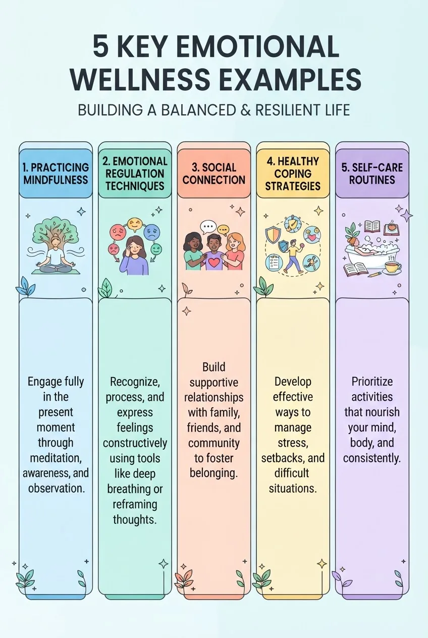 illustrates five key emotional wellness examples: (1) practicing mindfulness, (2) emotional regulation techniques, (3) social connection,