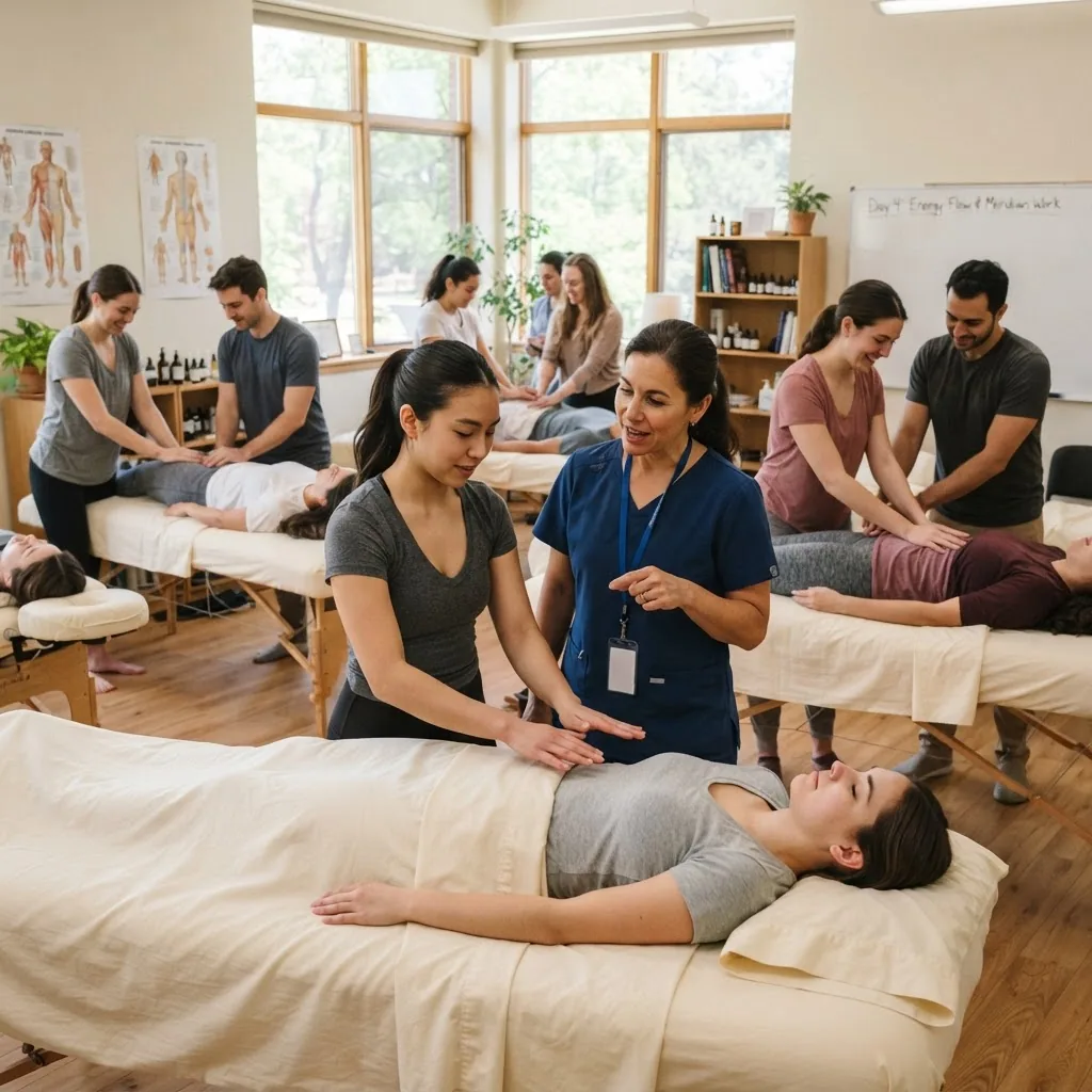 A bright, professional classroom environment with students practicing energy healing massage techniques on each other under instructor