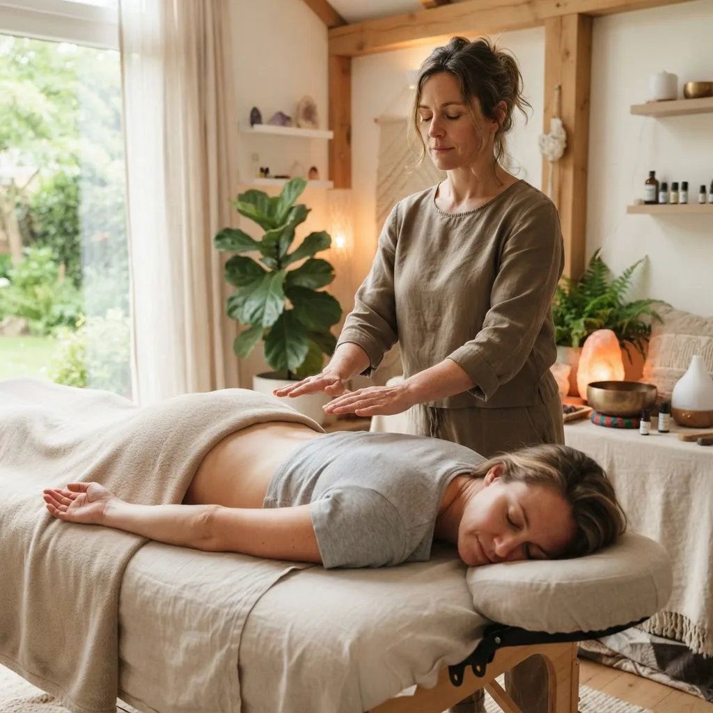 A warm, well-lit scene showing a practitioner gently placing their hands slightly above a relaxed client’s back in a serene therapy room,