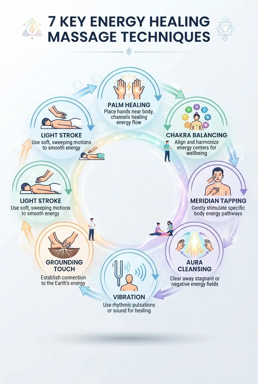 An infographic depicting seven key energy healing massage techniques arranged in a circle, each with a simple icon and a 2-line