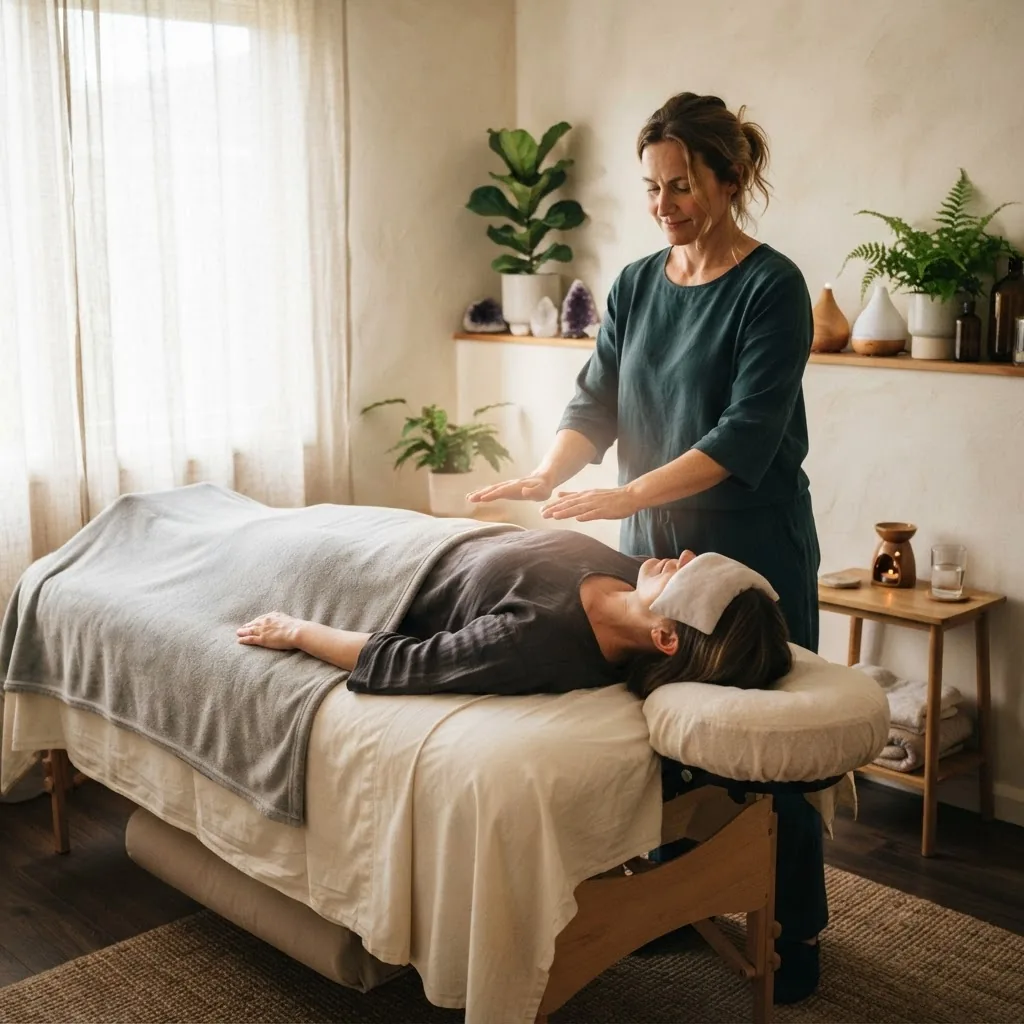A serene treatment room interior with soft natural light, a practitioner gently placing hands slightly above a peaceful client resting on a