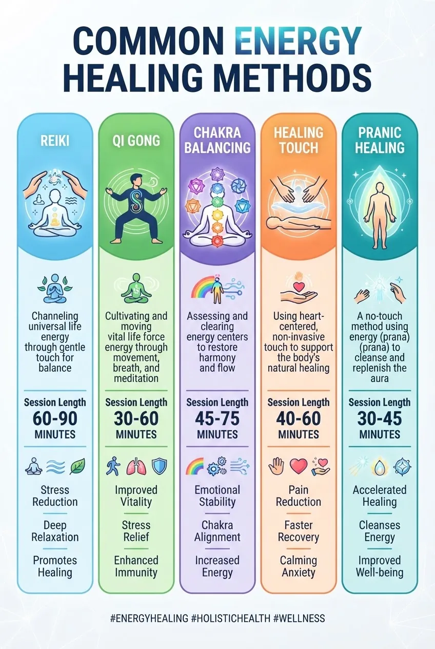 Infographic showing a grid of 5 common energy healing methods: Reiki, Qi Gong, Chakra Balancing, Healing Touch, and Pranic Healing; each