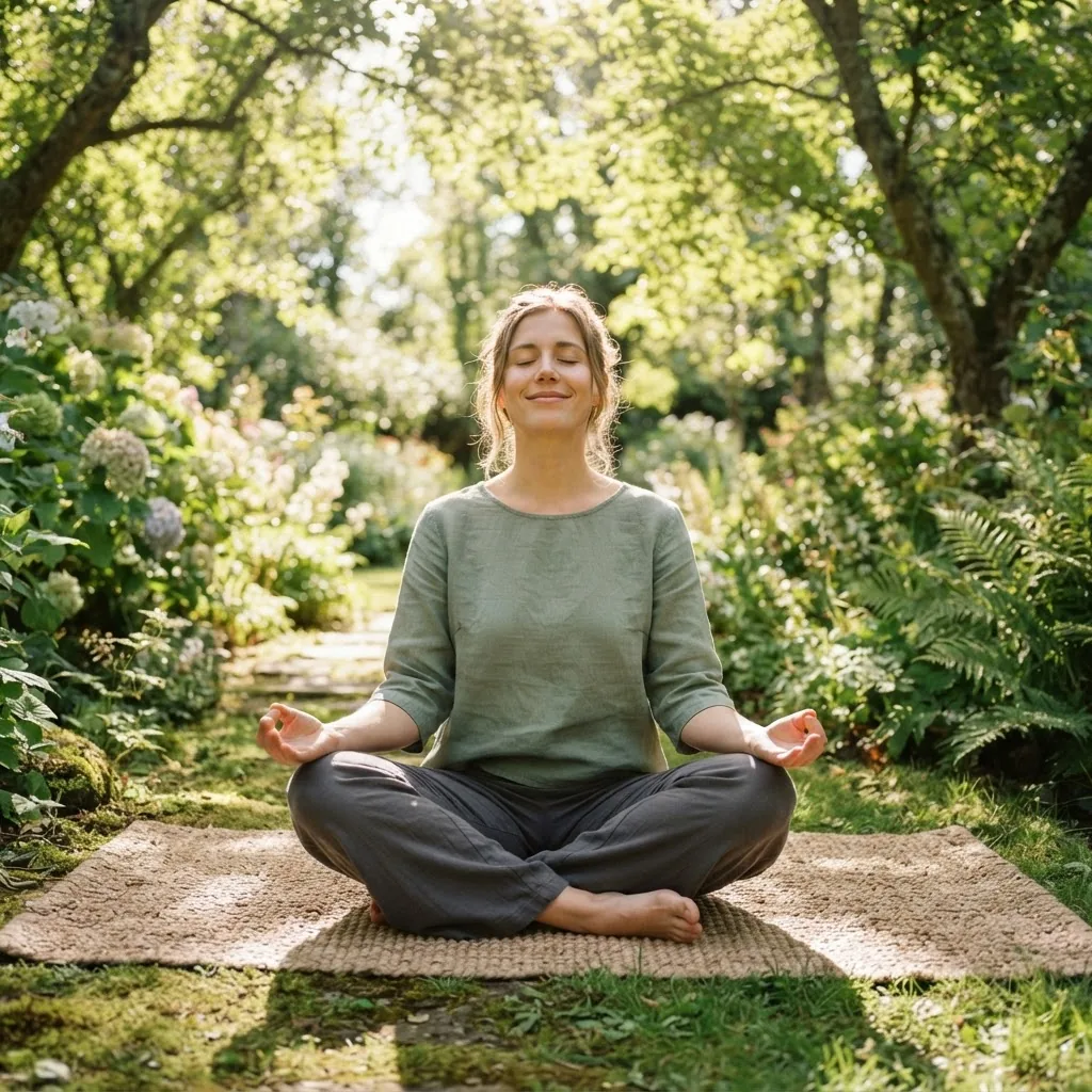 A calming scene showing a person practicing deep breathing exercises outdoors in a serene garden or park, sunlight filtering through trees,