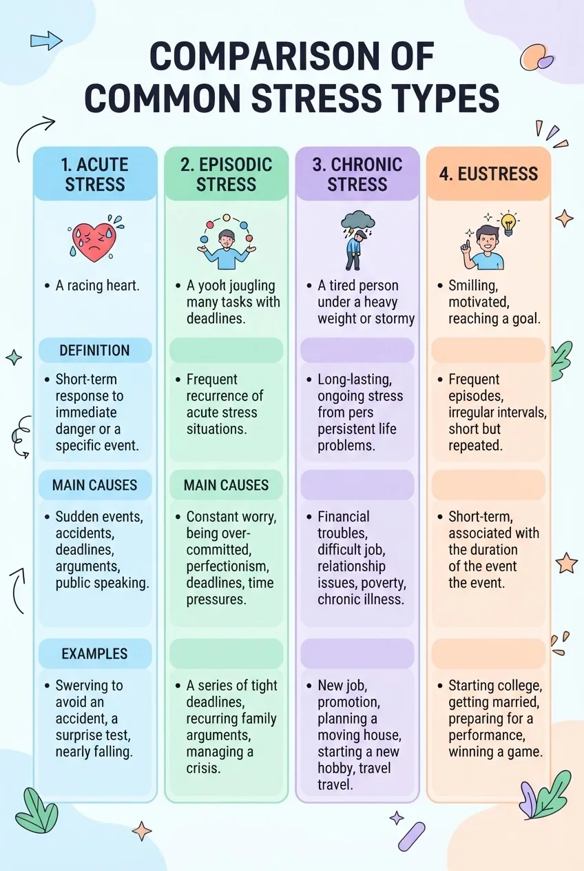 An infographic displaying a four-column comparison chart showing Acute Stress, Episodic Stress, Chronic Stress, and a fourth common stress