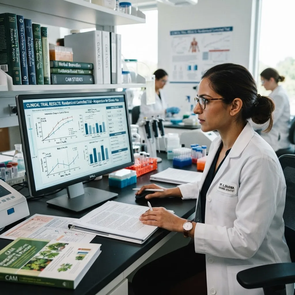 Close-up of a scientist or medical researcher reviewing clinical trial data on a computer screen, in a clean, modern lab environment with