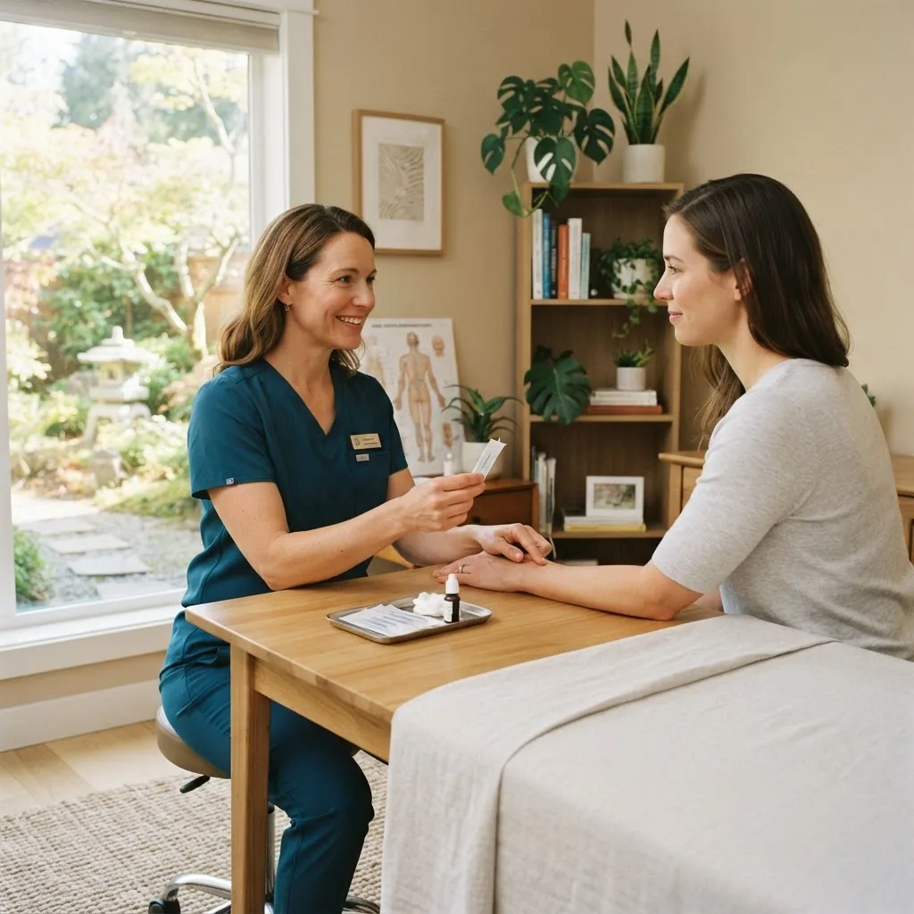 A bright, professional clinic room showing a healthcare practitioner demonstrating acupuncture needles to a patient, with a calm natural