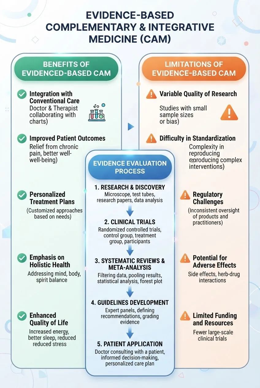 A balanced infographic with two columns titled "Benefits" and "Limitations" of evidence based CAM, each with 5 bullet points accompanied by