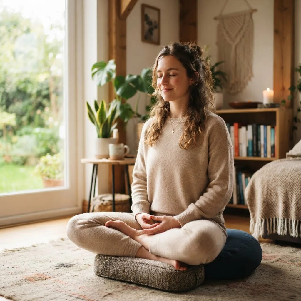 A person practicing mindfulness meditation in a cozy indoor space with natural light, relaxed posture, and soft focus on facial expression