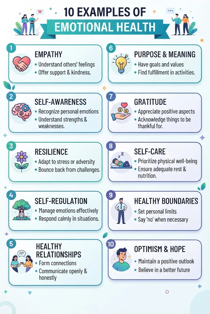 An infographic listing 10 examples of emotional health, each example in its own box with an icon representing the concept (like a heart for