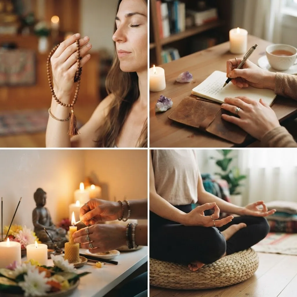 Close-up of hands performing different spiritual practices: holding prayer beads, writing in a journal, lighting a candle on an altar, and