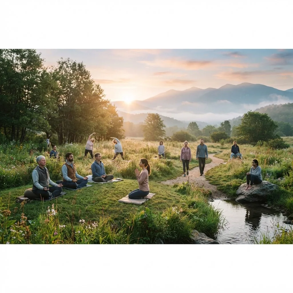A serene diverse group of people practicing various spiritual activities outdoors in nature at sunrise, including meditation, prayer, and