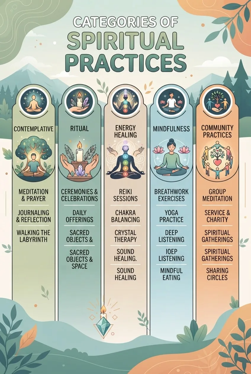 Infographic showing 5 columns representing categories of spiritual practices: Contemplative, Ritual, Energy Healing, Mindfulness, Community
