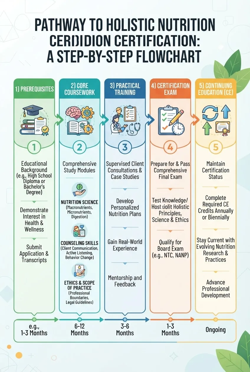 shows a step-by-step flowchart of holistic nutrition certification: 1) Prerequisites, 2) Core Coursework (modules icons with nutrition