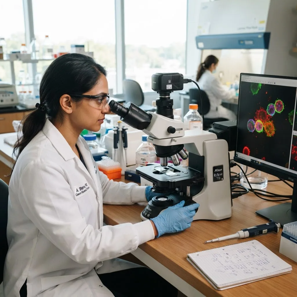 close-up of a researcher in a modern laboratory analyzing immune cells under a microscope, emphasizing advanced immunotherapy research with
