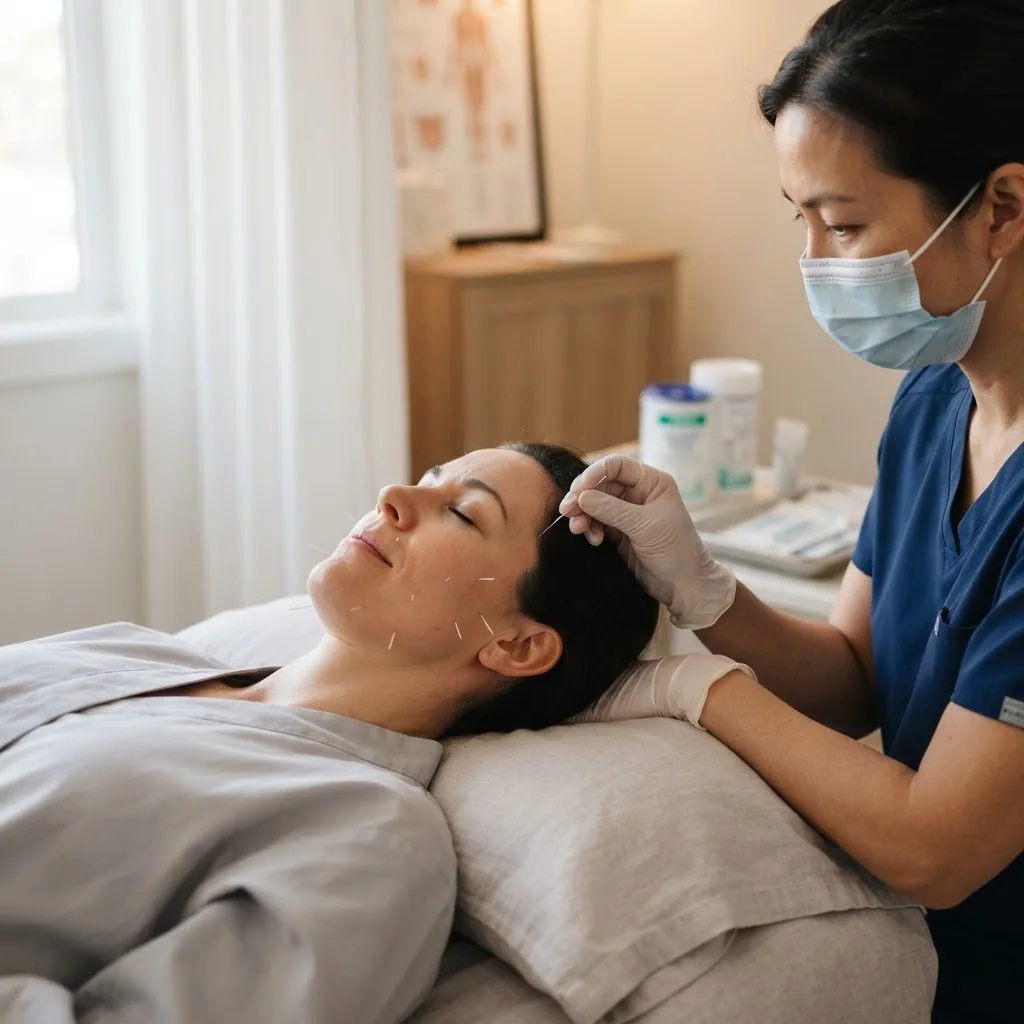 Side angle vertical shot of a licensed acupuncturist performing facial acupuncture on a calm adult patient, showing precise needle
