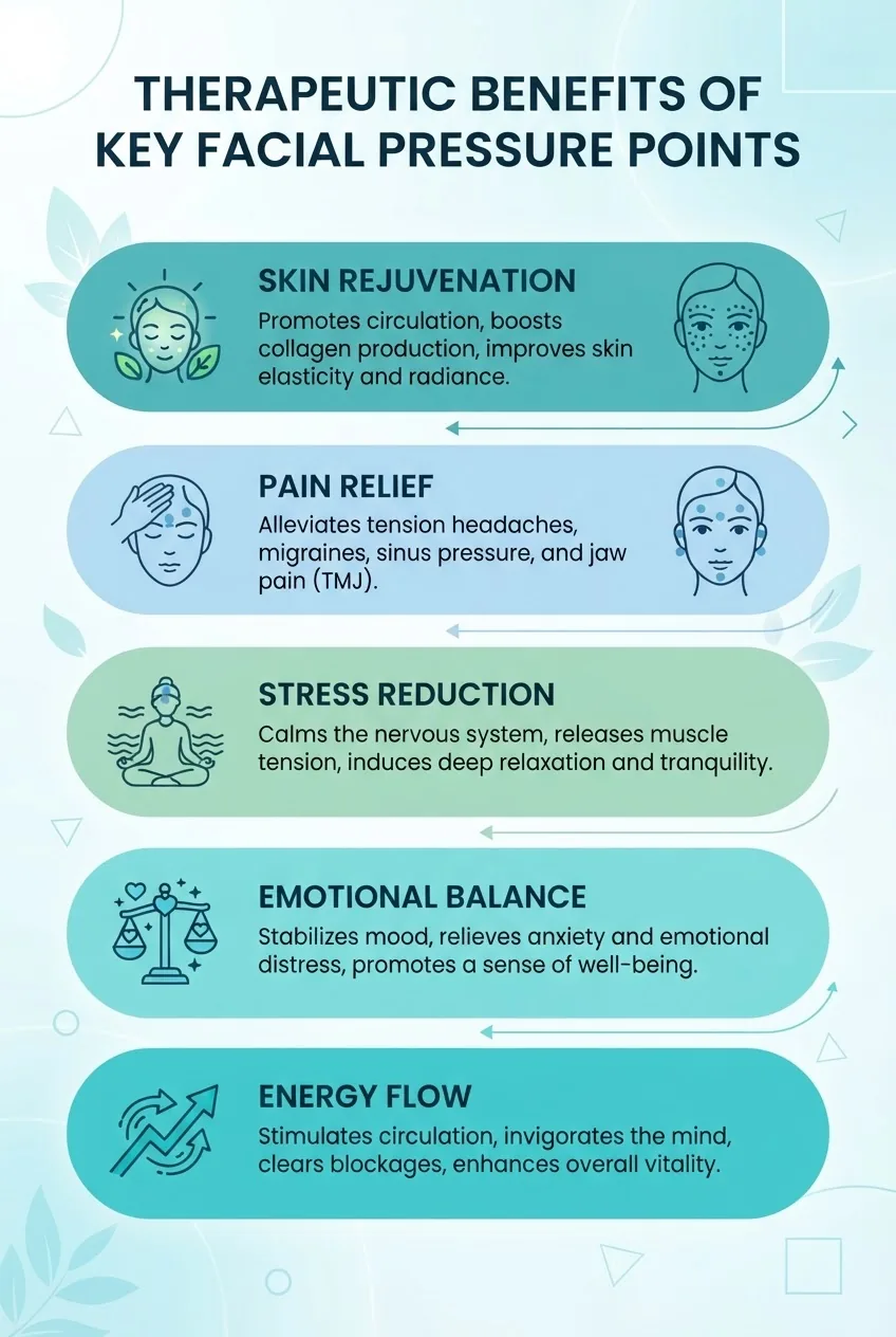 Infographic with 5 horizontal sections illustrating therapeutic benefits of key facial pressure points, each with a simple icon (skin