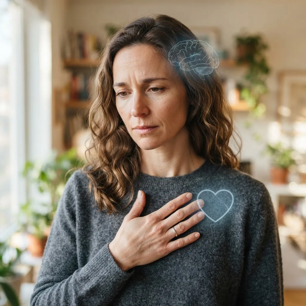 a close-up of a person holding their chest in a gentle, concerned manner, with faint overlay of brain and heart icons symbolizing the