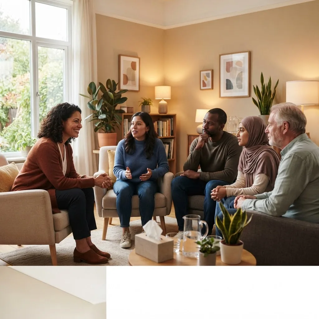 a diverse group of adults in a clinical or counseling setting, with a caring mental health professional attentively listening, well-lit