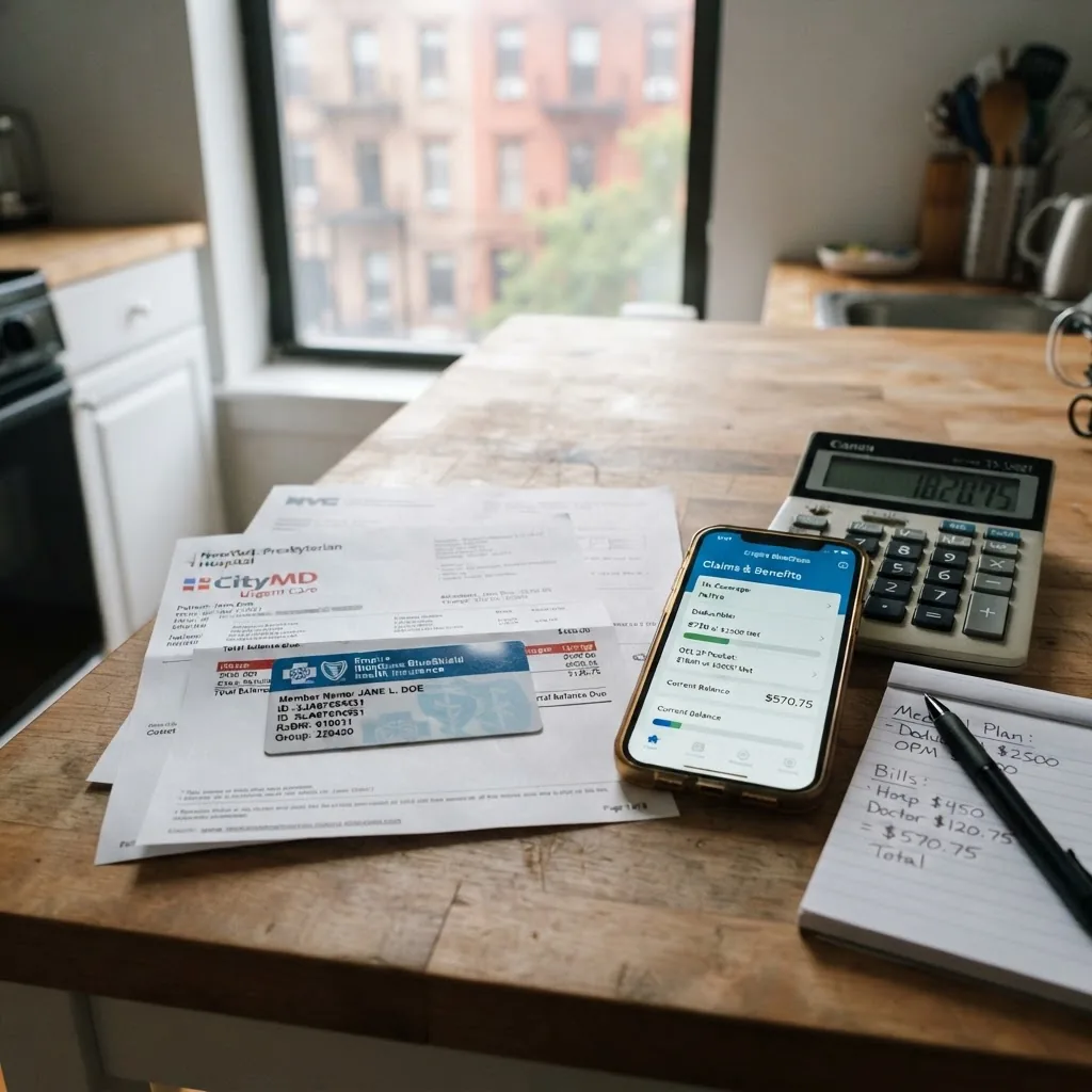 Close-up of an insurance card and medical bills on a NYC countertop, with a calculator and a smartphone showing a health insurance