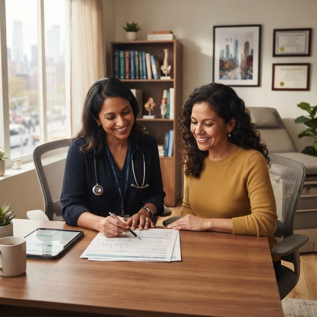 A warm, inviting medical consultation room in a modern NYC clinic, with a diverse middle-aged patient and a functional medicine doctor