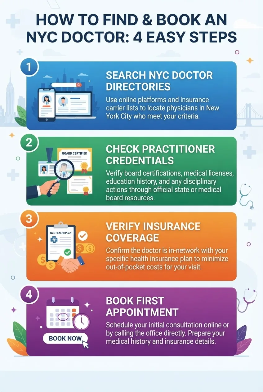 with four vertical steps illustrated with icons: 1) Search NYC doctor directories, 2) Check practitioner credentials, 3) Verify insurance