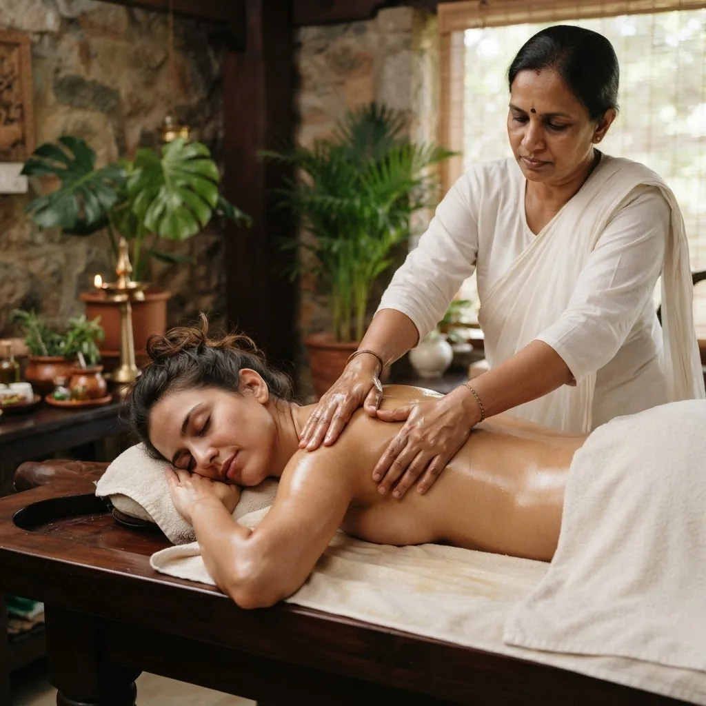 Close-up of a patient receiving Ayurvedic Abhyanga oil massage by a practitioner in white attire inside a tranquil treatment room with soft