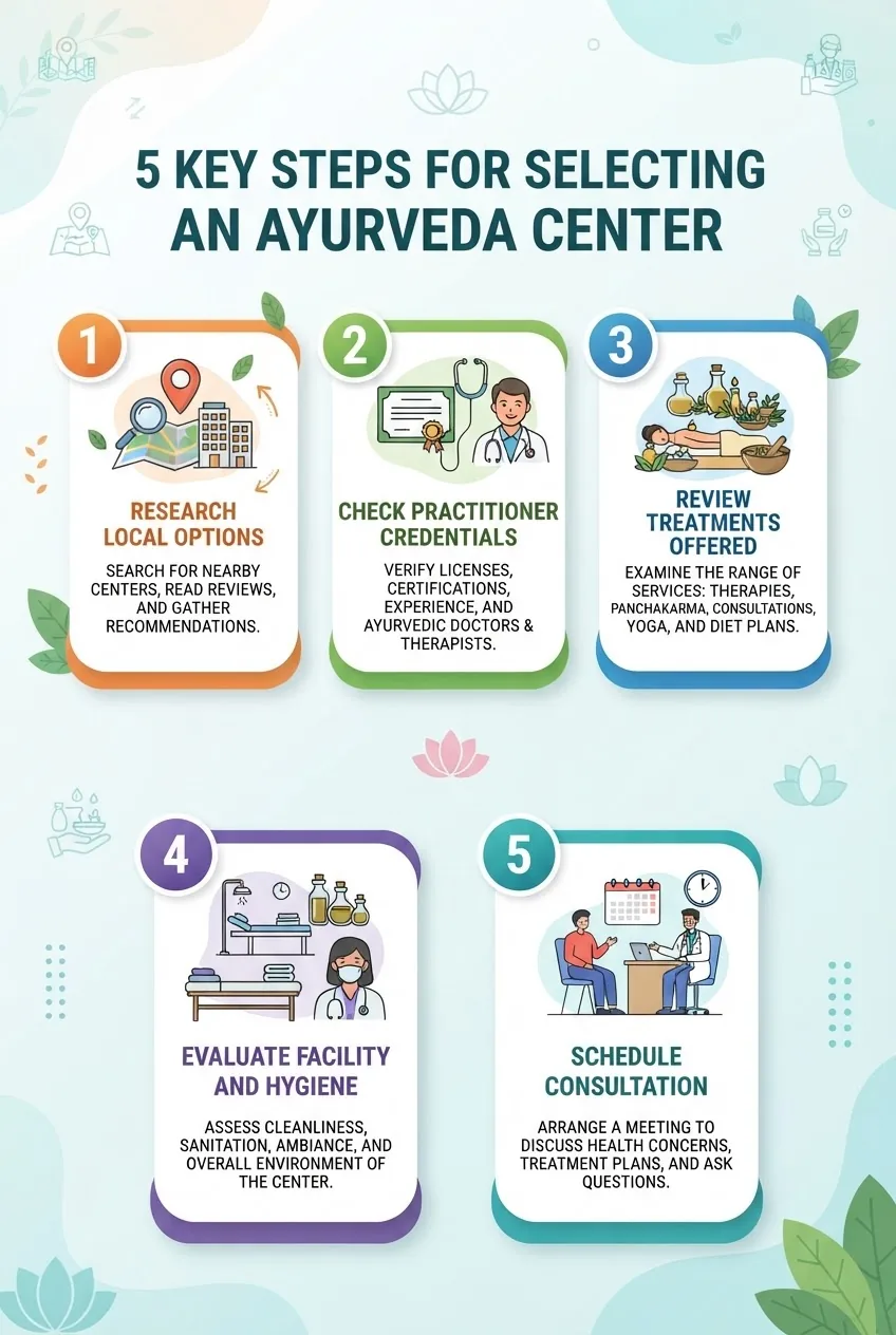 shows 5 key steps for selecting an Ayurveda center: 1. Research local options 2. Check practitioner credentials 3. Review treatments