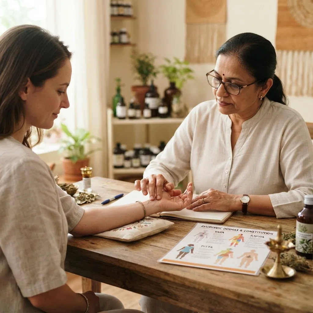 close-up of an Ayurvedic consultation session showing a practitioner gently taking a patient’s pulse, with charts of doshas visible on the
