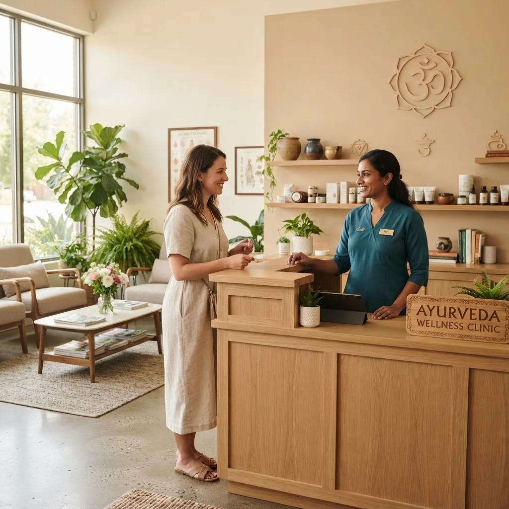 a modern Ayurvedic clinic reception area, with a friendly front desk professional assisting a patient, natural light, clean and calming