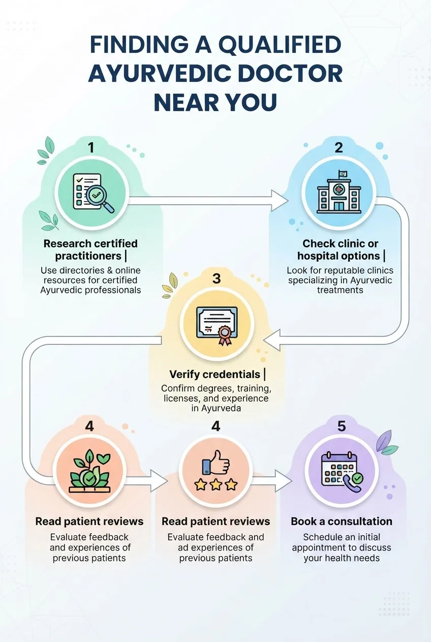 shows a step-by-step flowchart on “Finding a Qualified Ayurvedic Doctor Near You”: Step 1: Research certified practitioners (icon: