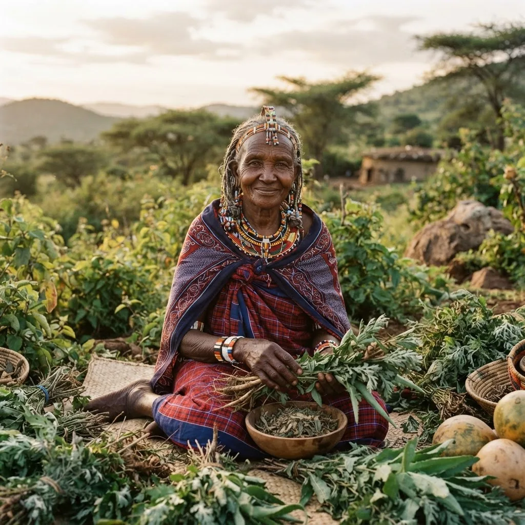 Portrait of a traditional healer in a natural outdoor setting, wearing culturally specific attire, holding medicinal plants, with soft