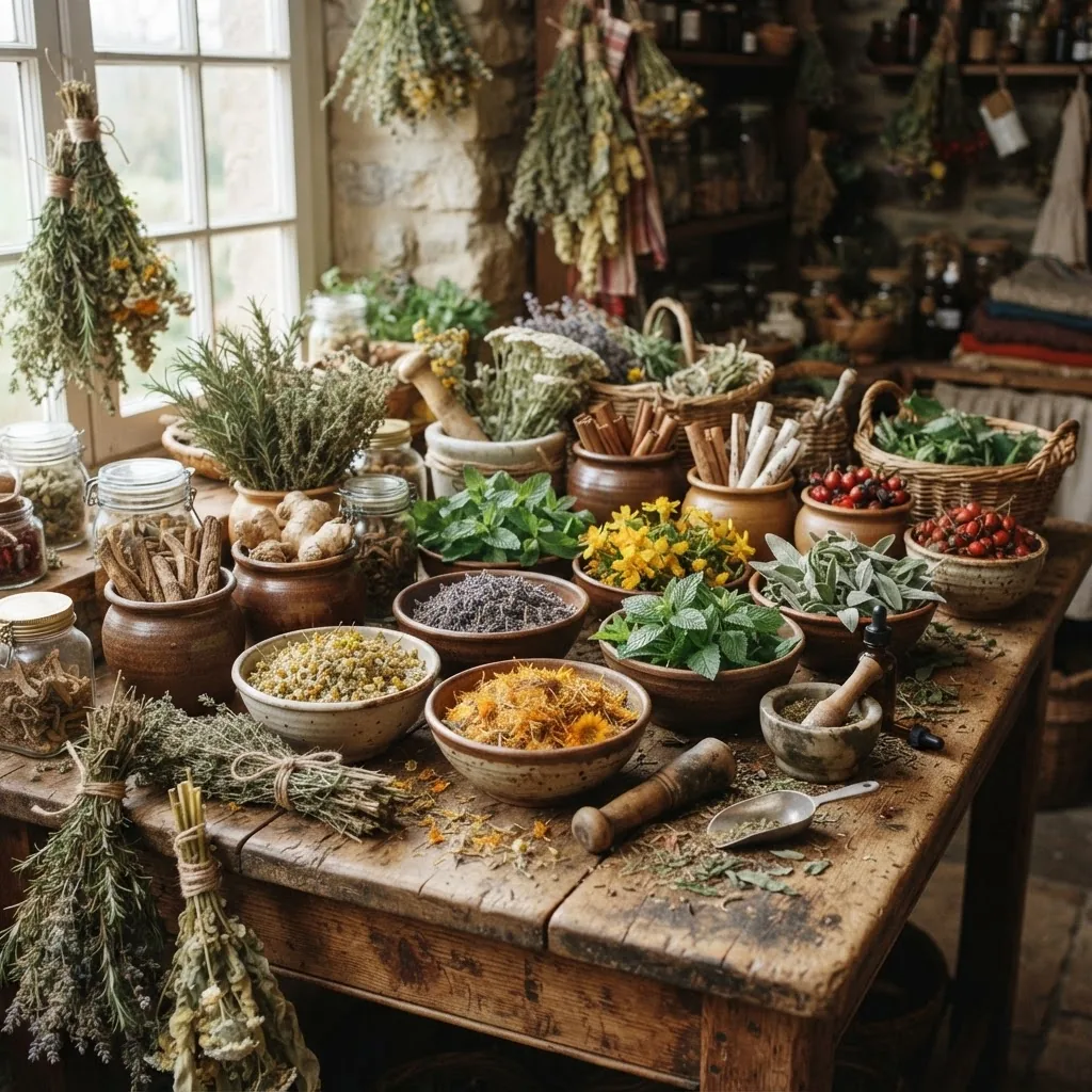Photograph of traditional herbal medicines arranged on a wooden table with natural daylight, featuring diverse dried herbs, roots, and