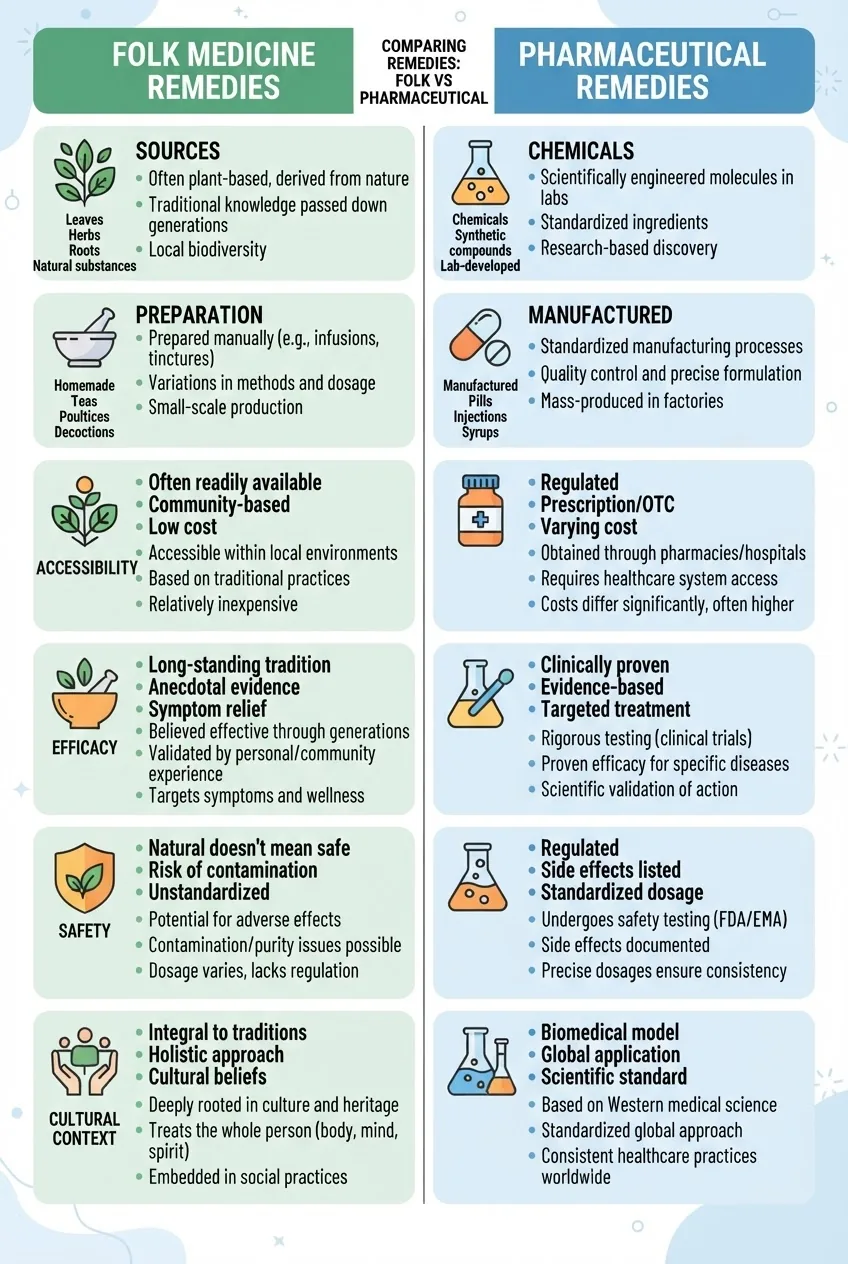 A two-column infographic comparing folk medicine remedies and pharmaceutical remedies, with icons illustrating categories like sources,